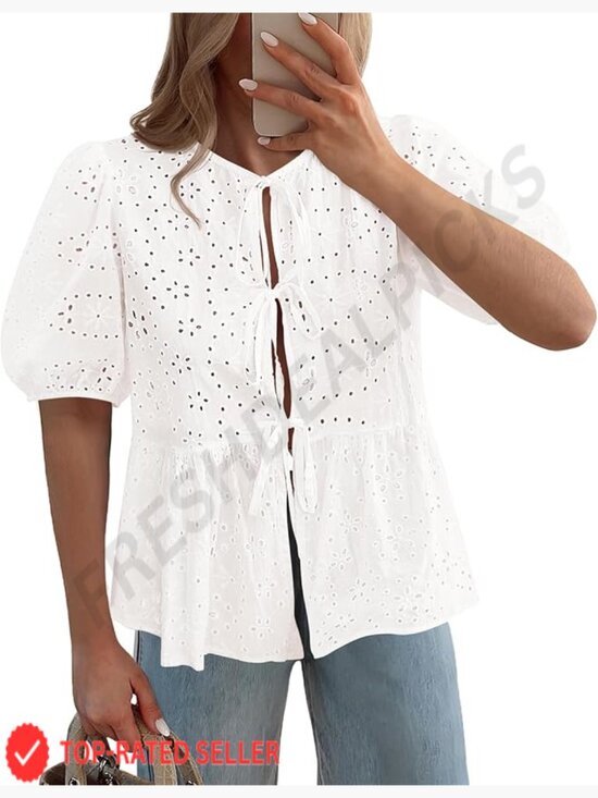 Tops - Peplum Eyelet Tie Front Blouse Lantern Sleeve Y2K Lace Babydoll Top